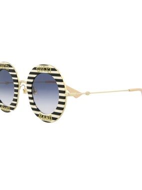 Gucci Round Striped Sunglasses in Black, White & Gold with Blue Gradient Lenses